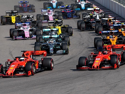 Formula 1 race cars in Grand Prix competition.